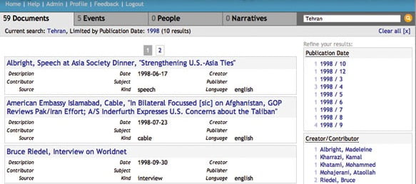 Screenshot of document search in US-Iran Missed Opportunities project