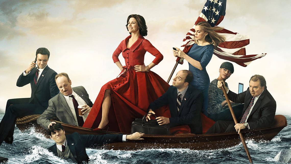 Poster of cast from Veep, like Washington cross the Delaware