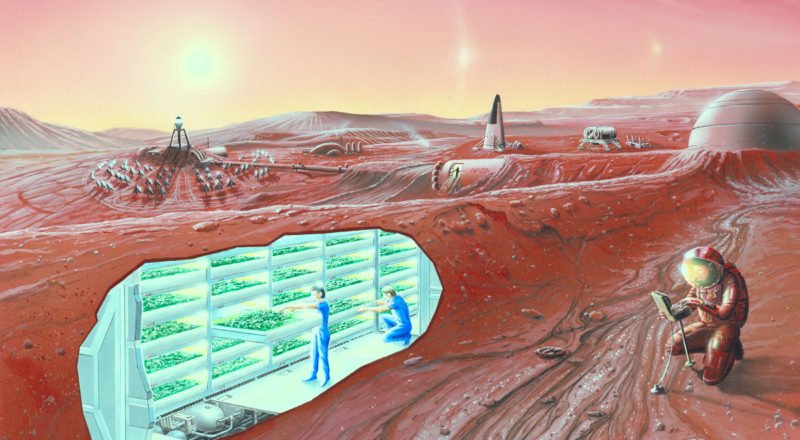 Artist impression of a Mars settlement with cutaway view.