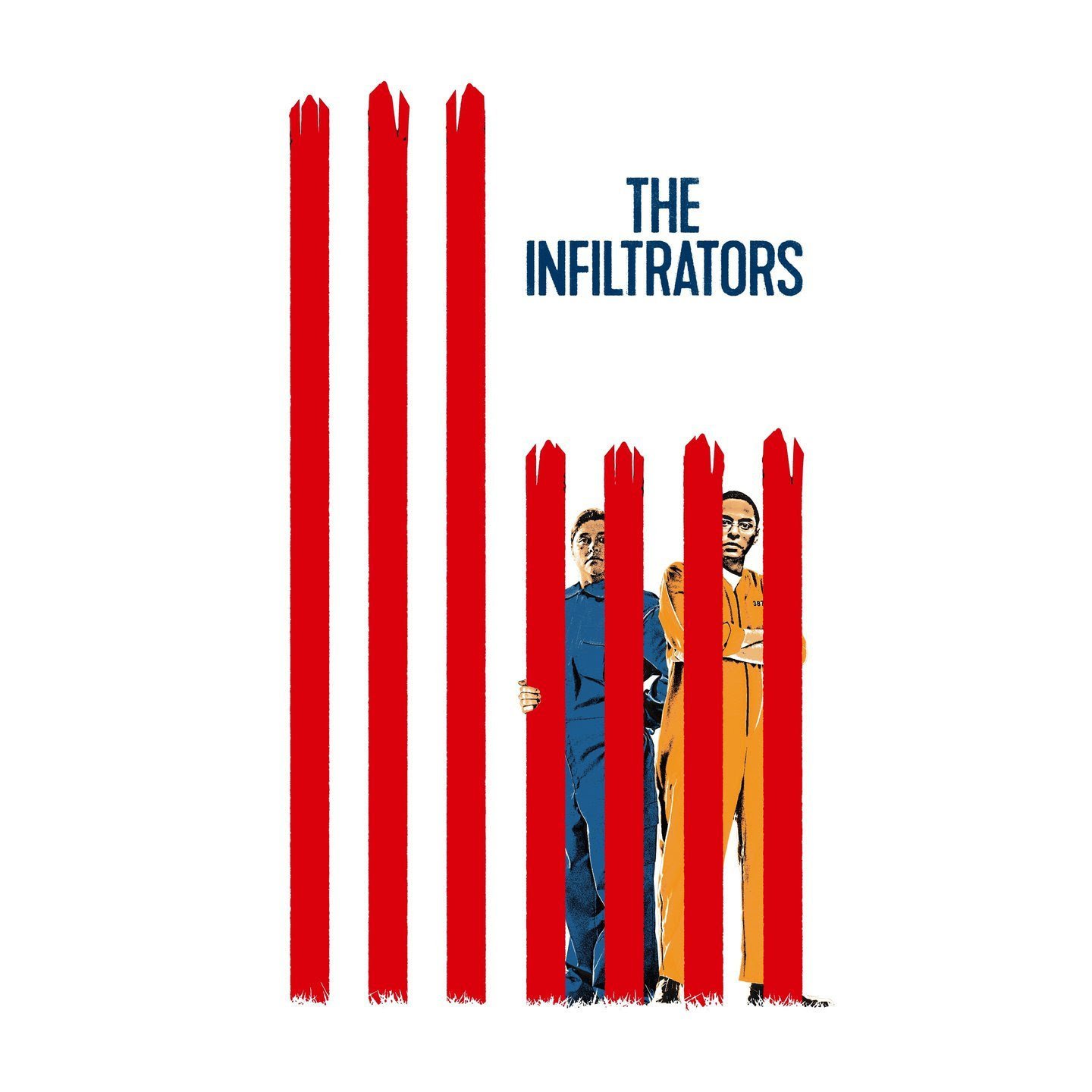 Poster from "The Infiltrators" showing two main characters behind red stylized prison bars, vertical to resemble the American flag.