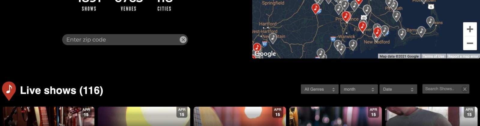 The Hearby homepage showing live concert information as a list and detailed map